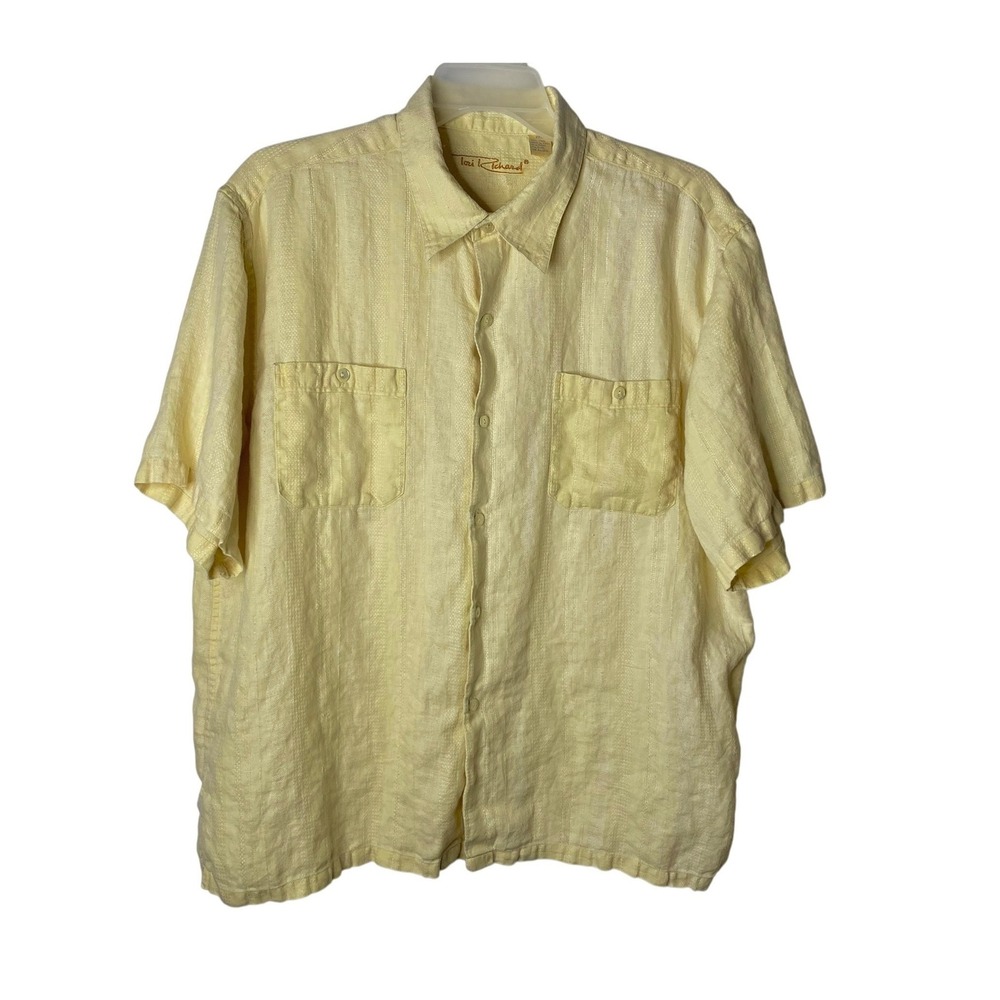 Tory Richard Mens 2XL Yellow 100% Linen Short Sleeve Button Down Shirt Textured